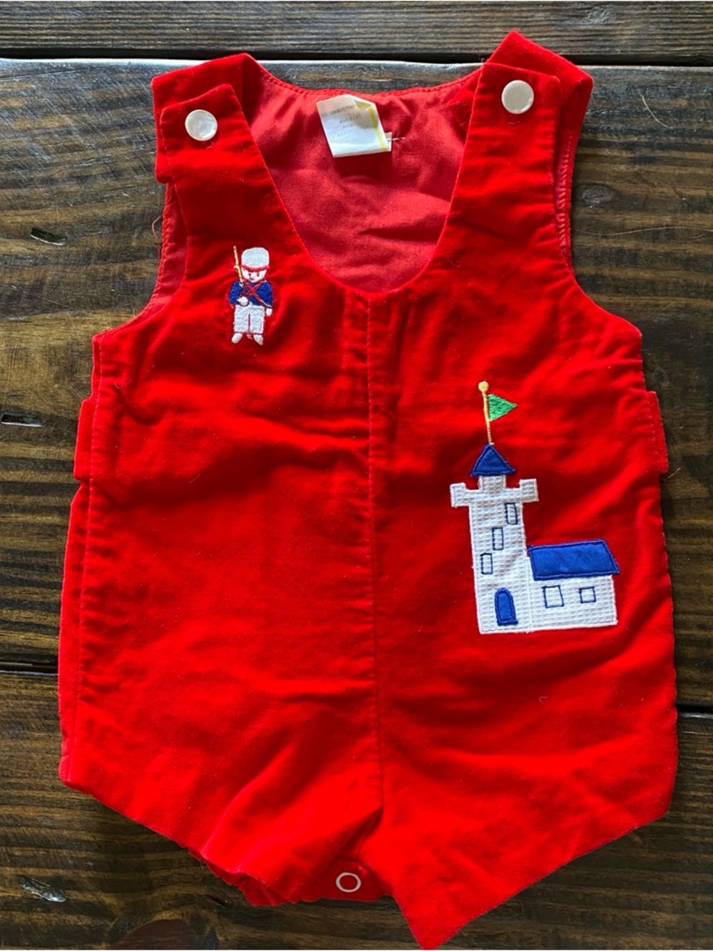 Vintage baby red velvet velveteen one piece onesie tower castle soldier 3-6 mo
